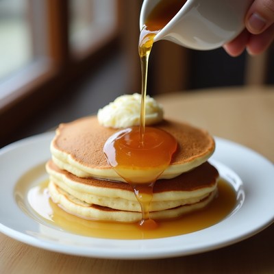 Pouring syrup on stacked pancakes