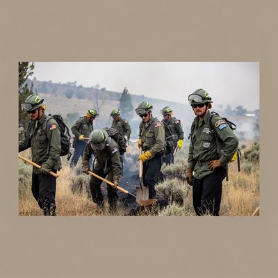 Firefighters control a wildfire near a mountain