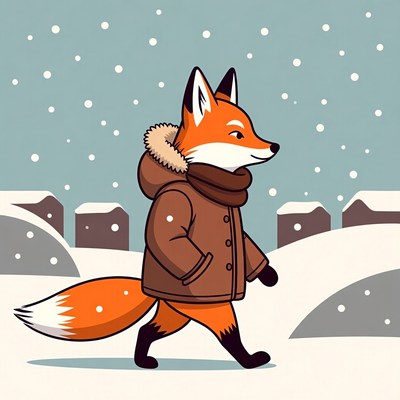 Fox in winter coat walking in snow