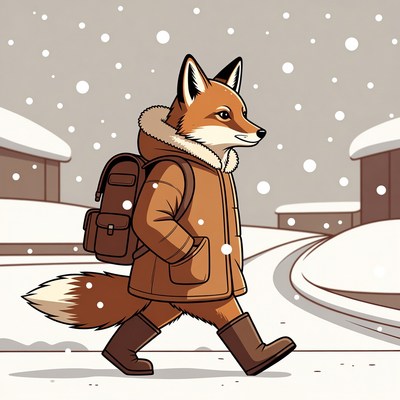Fox walks in winter snow