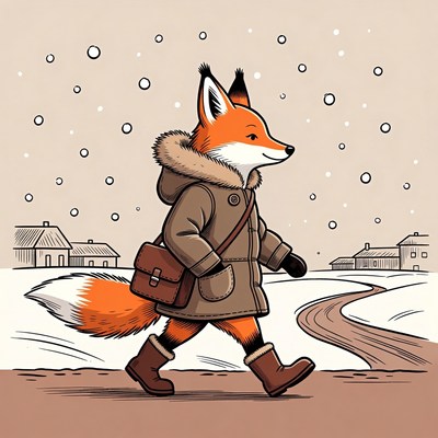 Fox walking in a snowy town