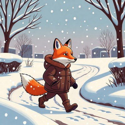 Fox walks in winter snow