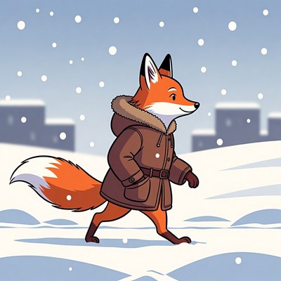 Fox walking in winter coat
