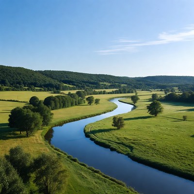 Winding river through green landscape