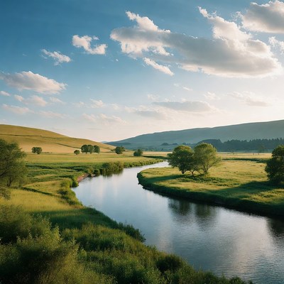 River flowing through green fields