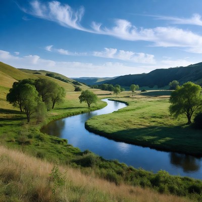 Winding river through green hills