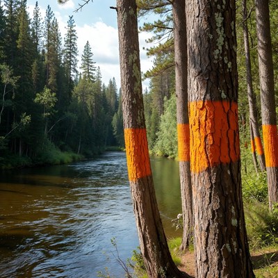 Brightly marked trees by river