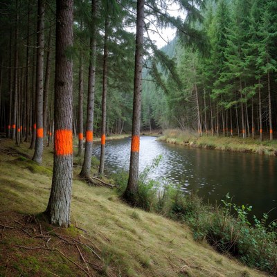 Trees marked by orange paint near river