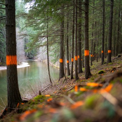 Trees marked along river bank