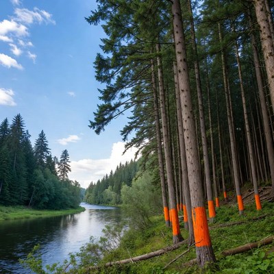 Trees by the river with orange marks