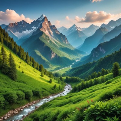 Mountains and valley with stream