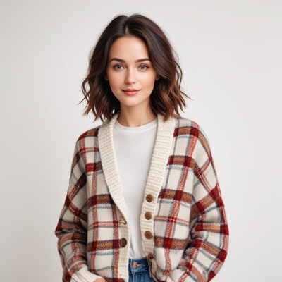 Woman in plaid cardigan poses indoors