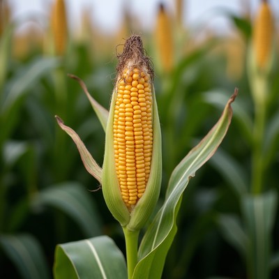 Corn ear growing on a sunny day