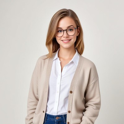 Young woman poses in casual outfit