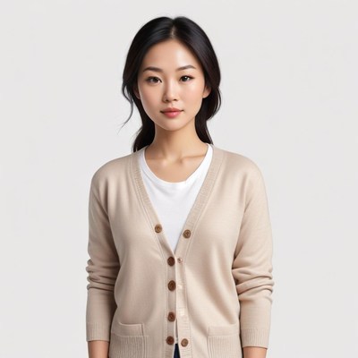Young woman in beige cardigan stands straight
