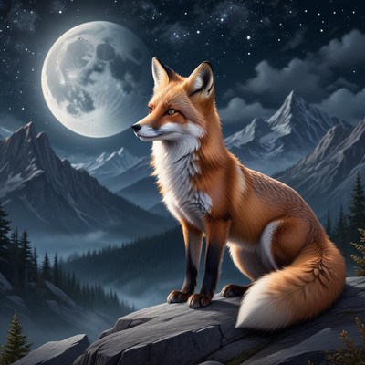 Fox sitting on rock at night