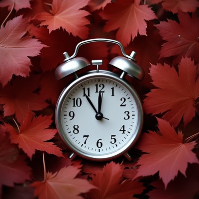 Clock surrounded by red leaves