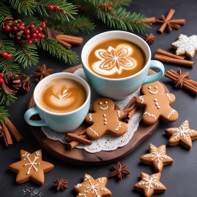 Gingerbread cookies and coffee with decor