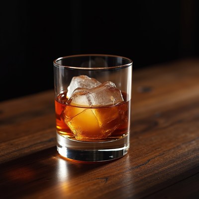 Whiskey glass on wooden table