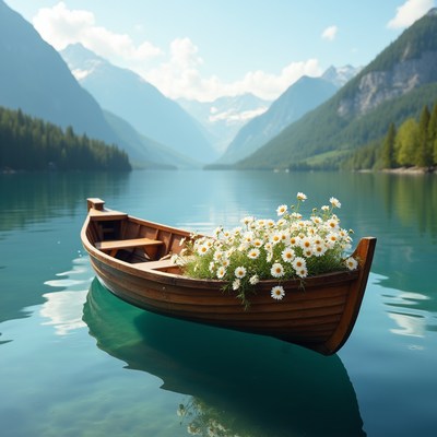 Boat with flowers on clear lake