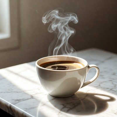 Steam rises from a cup of coffee