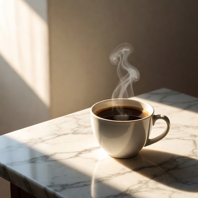 Coffee cup on table with steam