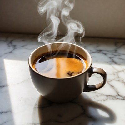 Coffee cup with steam on marble