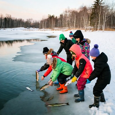 Kids ice fishing by the river