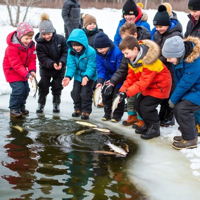 Kids fishing by the frozen pond