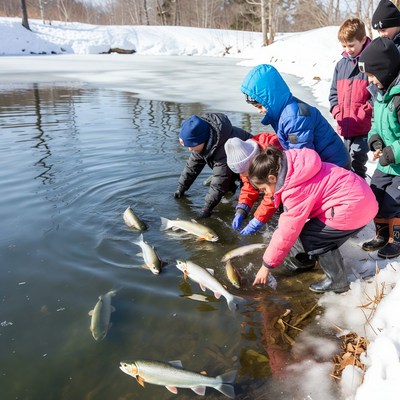 Kids feed fish by the river in winter