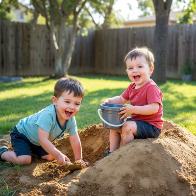 Kids playing in backyard sandpit