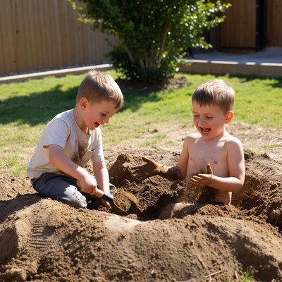 Two boys play in sand
