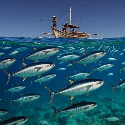 Fishing boat with large fish underwater