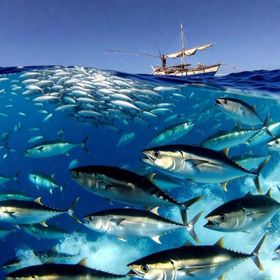 Fishing boat surrounded by fish school