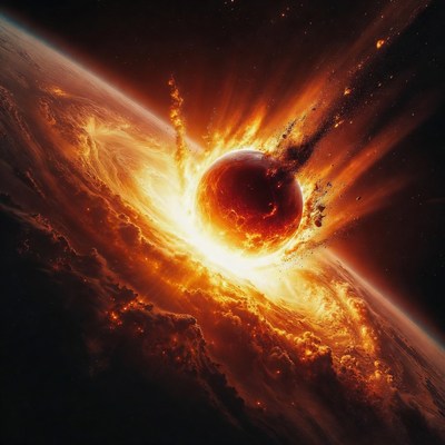 Planet collision in space scene