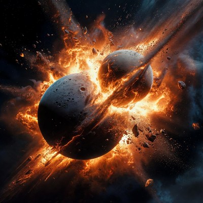 Two celestial bodies collide in space