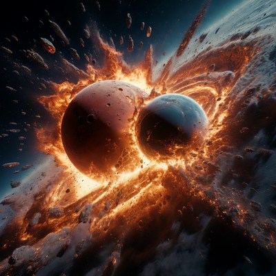 Collision of two planets in space