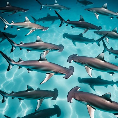 Hammerhead sharks swimming underwater