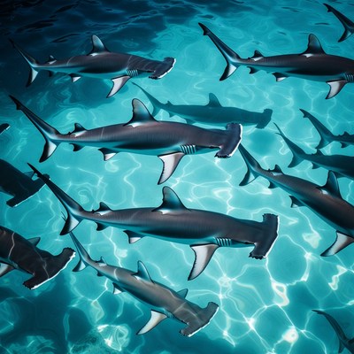 Hammerhead sharks swimming in clear water