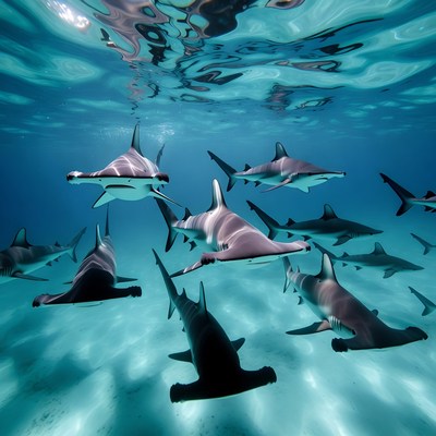 Hammerhead sharks swimming together