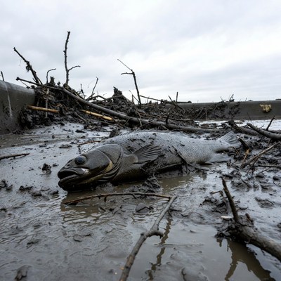 Fish in muddy riverbank scene