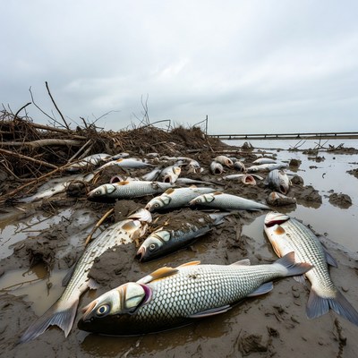 Fish washed ashore after flood event