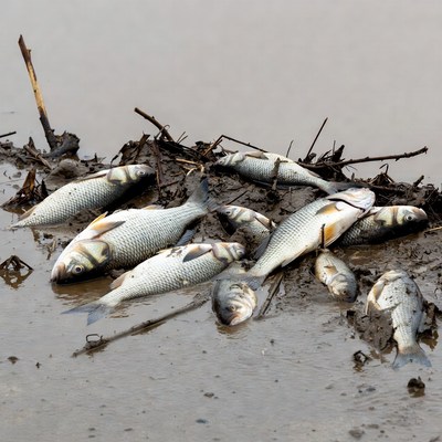 Dead fish on riverbank in morning light