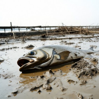 Fish lying on muddy ground near water