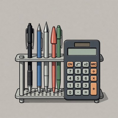 Pens and calculator on a desk stand