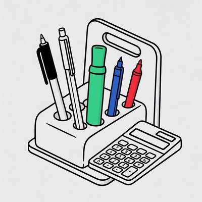 Desk organizer with writing tools and calculator