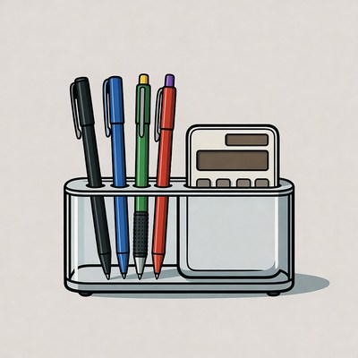 Desk organizer with pens and calculator