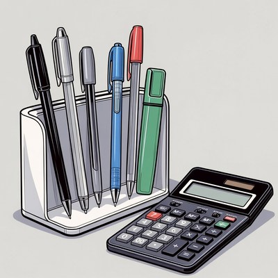 Pens and calculator on a desk