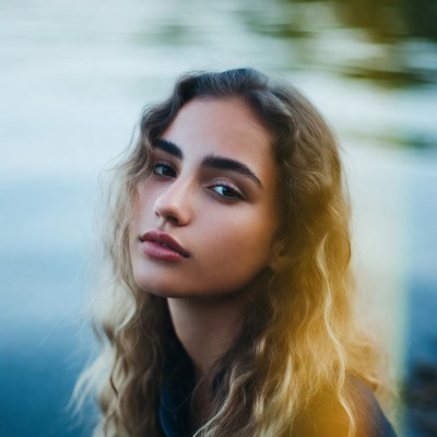 Girl by the lakeside during sunset
