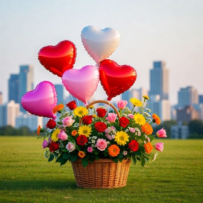 Colorful flowers and heart balloons in city park